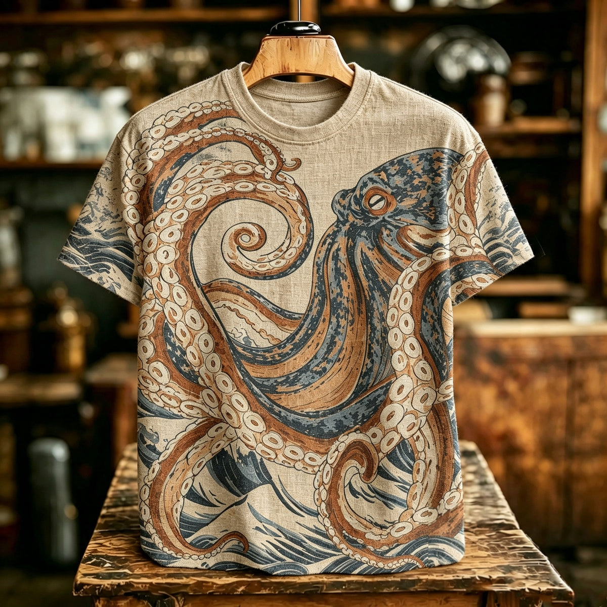 Men's Retro Japanese Art Octopus Print Linen T-shirt