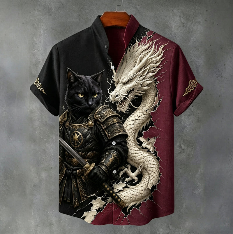 Men's Vintage Black Cat Warrior And White Dragon Japanese Art Printing Flowy Linen Blend Casual Shirt