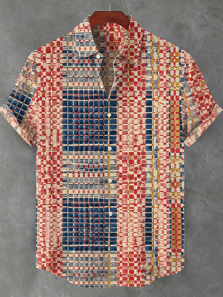 Men's Vintage Japanese Geometric Art Print Blend Short-sleeved Shirt