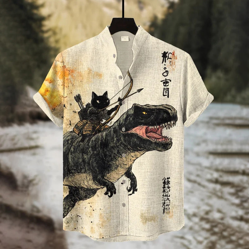 Men's Black Cat Riding A Dinosaur Art Print Casual Shirt