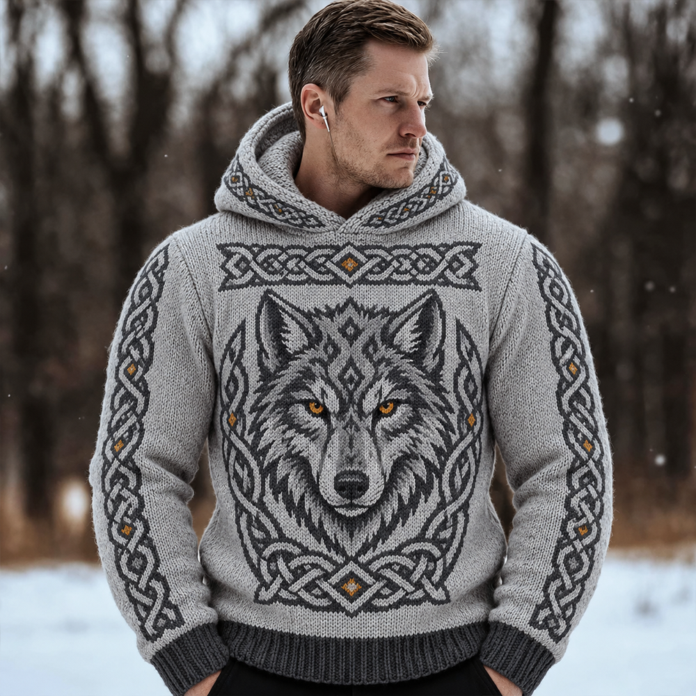 Men's Grey Nordic Wolf Head And Celtic Knot Hooded Knit Sweater