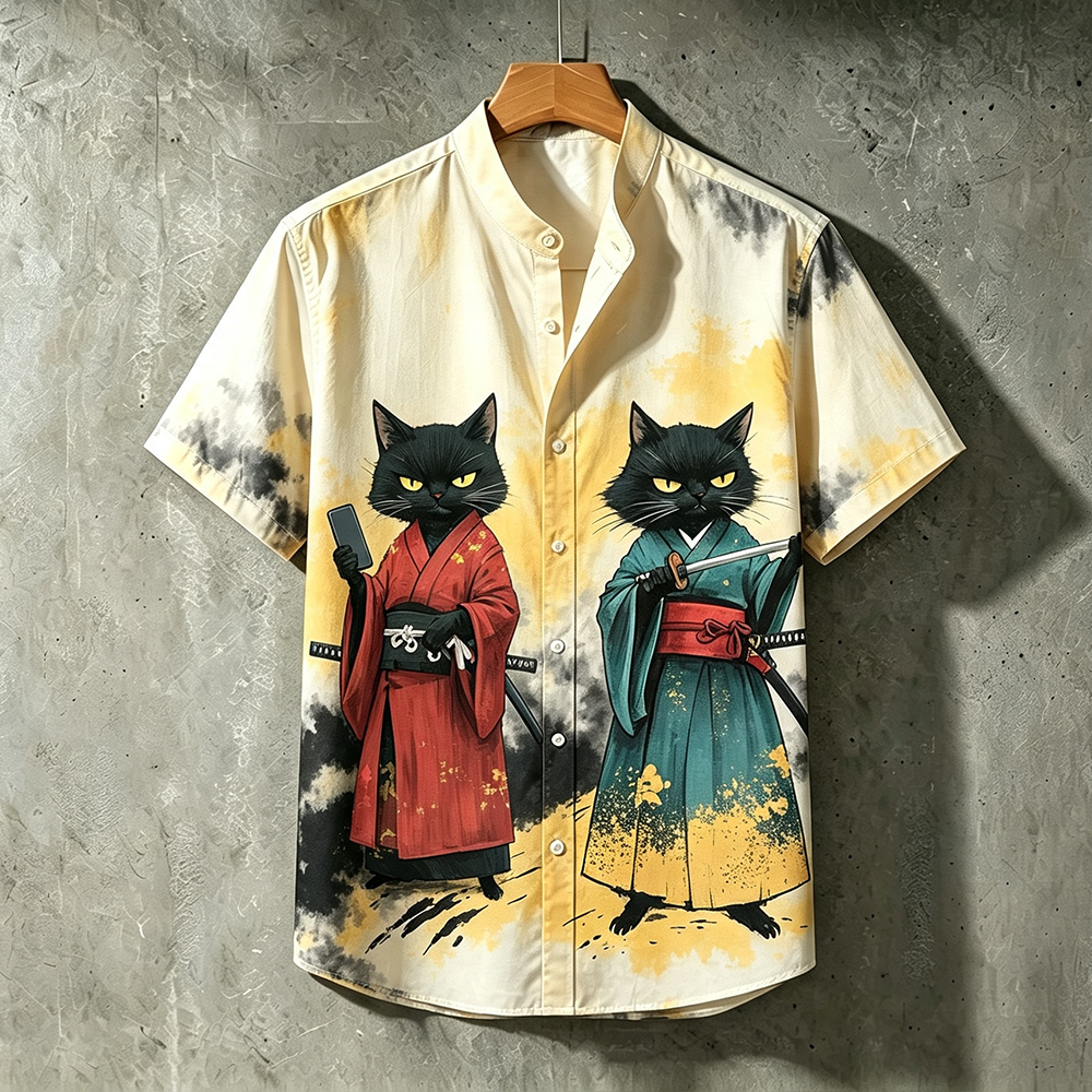 Men's Japanese Samurai Cat Print Shirt - Tie-dye Short Sleeve Stand Collar Top