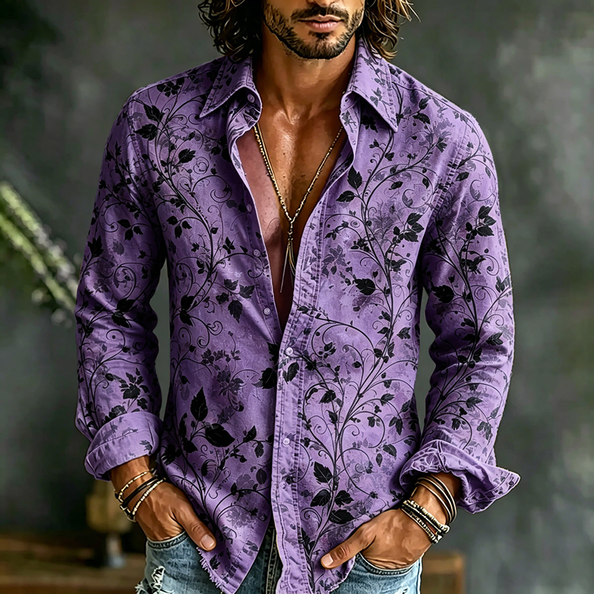 Men's Retro Floral Art Print Linen Casual Shirt