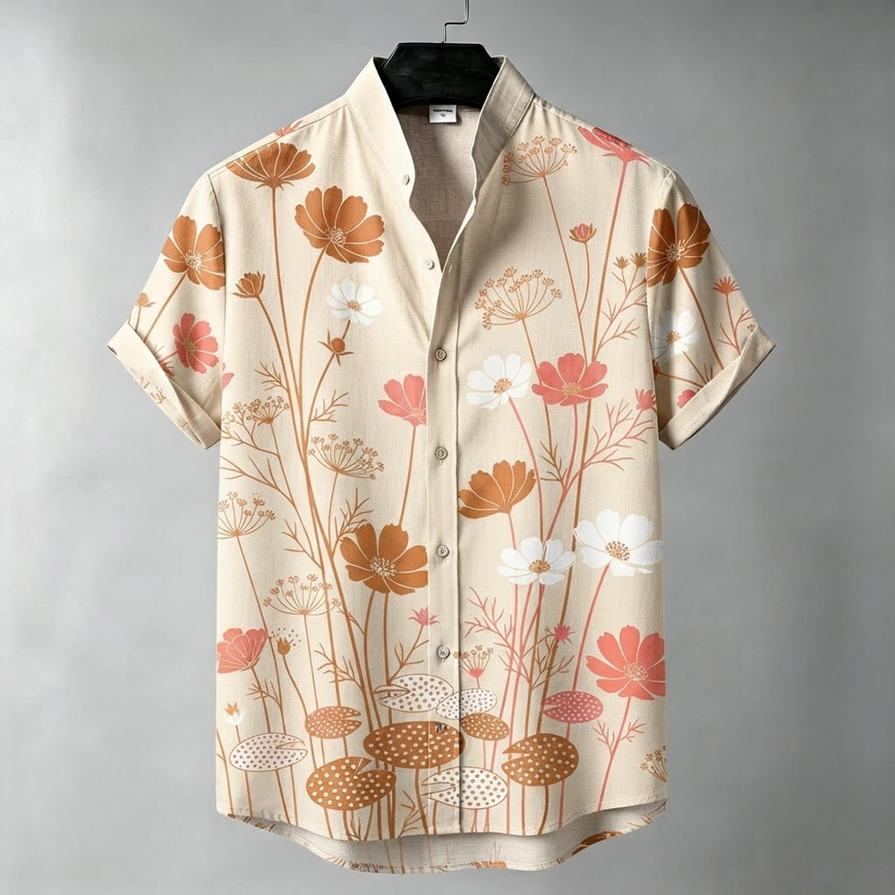 Men's Beige Wildflowers And Lily Pad Botanical Print Short Sleeve Shirt