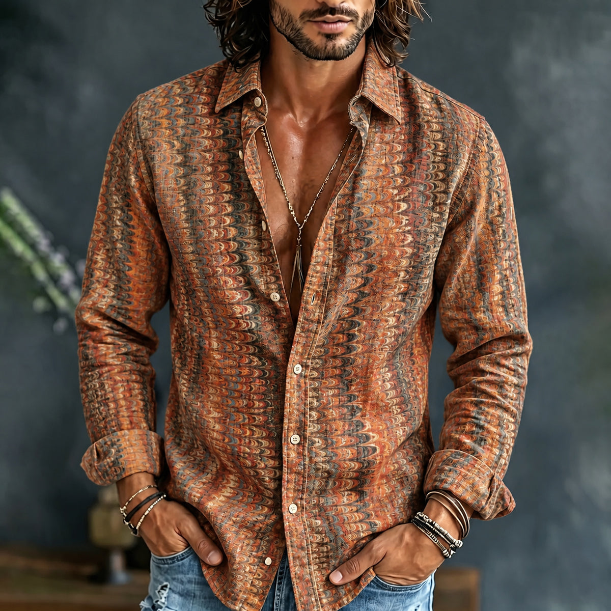 Men's Retro Abstract Geometric Art Print Long Sleeve Shirt