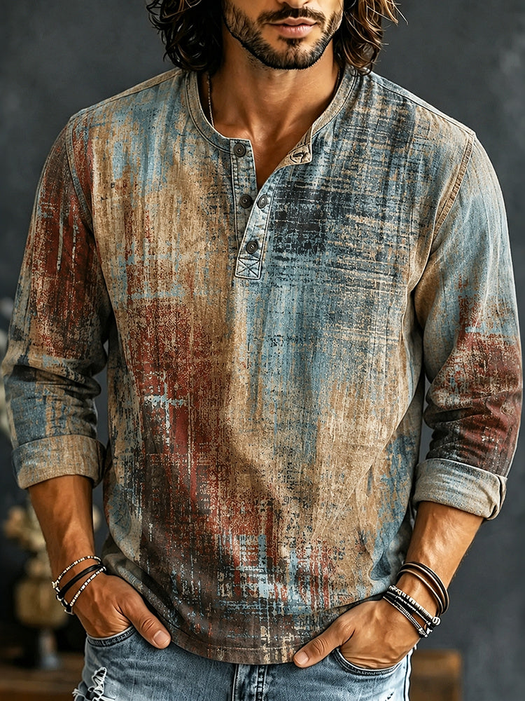 Men's Retro Geometry Ethnic Pattern Art Henley Neck Casual T-shirt