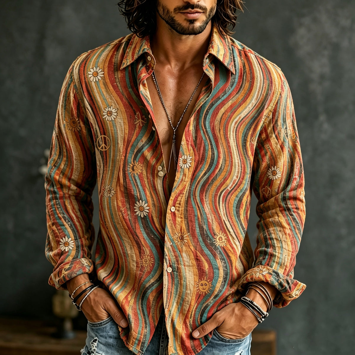 Men's Retro Bohemian Hippie Style Floral Print Linen Shirt