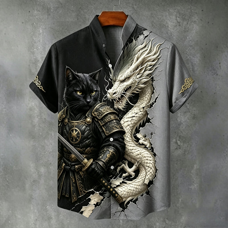 Men's Vintage Black Cat Warrior And White Dragon Japanese Art Printing Flowy Linen Blend Casual Shirt