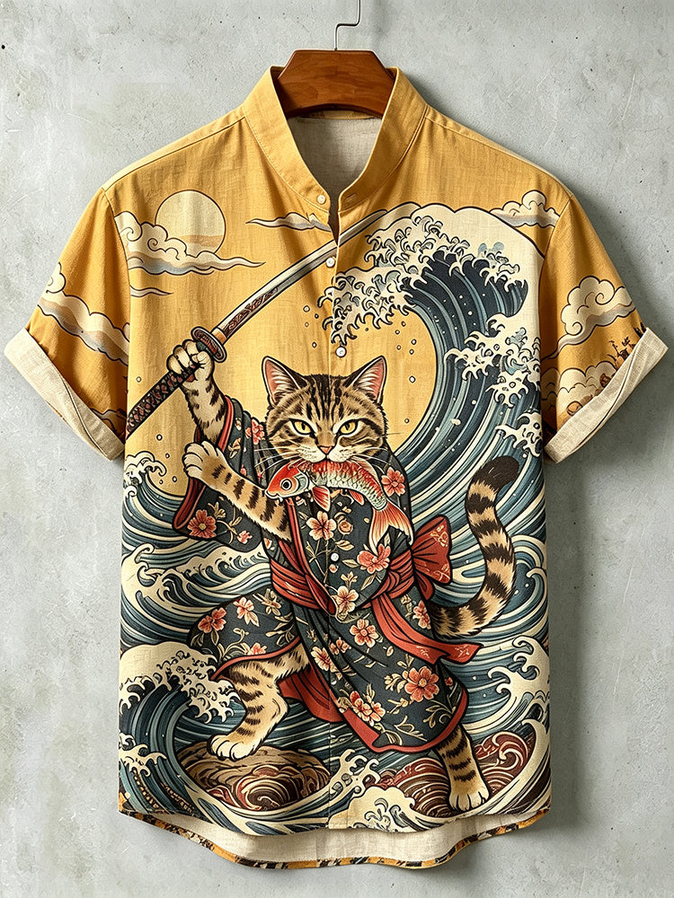 Men's Samurai Wave Print Short-sleeve Linen Shirt