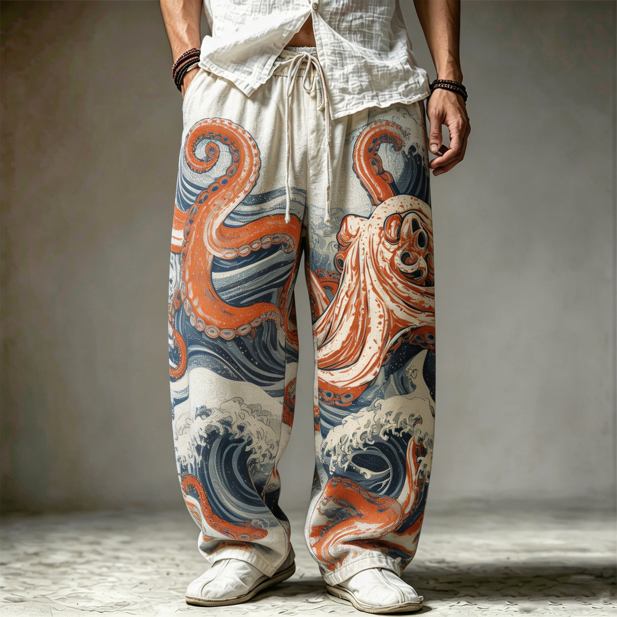 Men's Retro Washed Octopus Wave Ukiyo-e Print Pants
