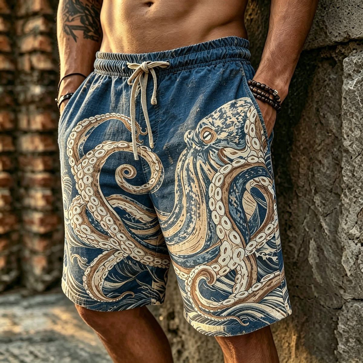 Men's Retro Japanese Art Octopus Print Linen Casual Shorts