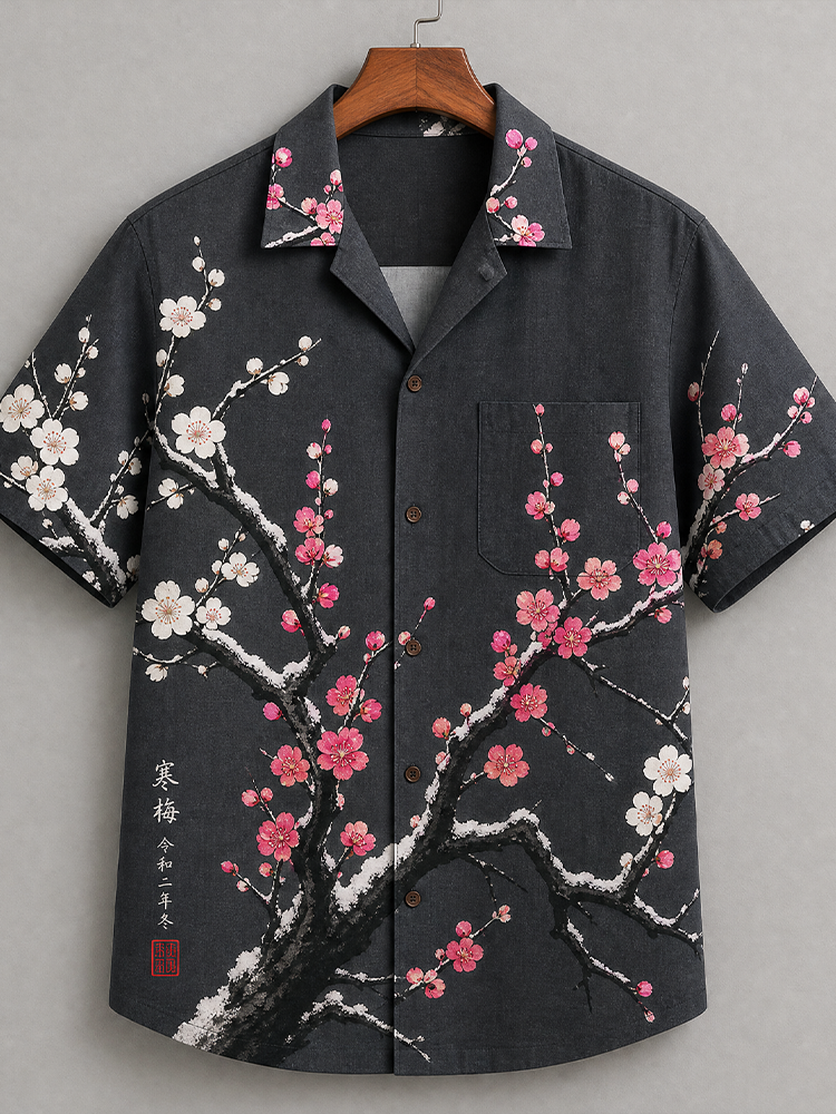Men's Dark Gray Winter Plum Blossom Snow Branch Print Short Sleeve Shirt
