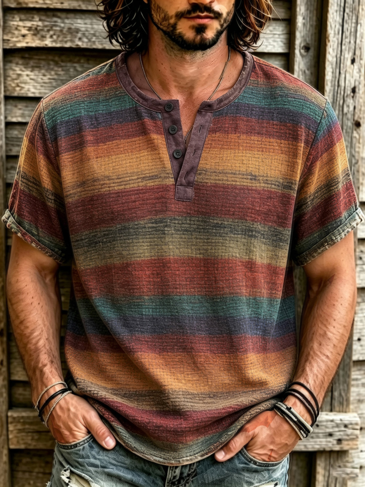 Men's Retro Rainbow Striped Distressed Texture Print Henry's Collar T-shirt