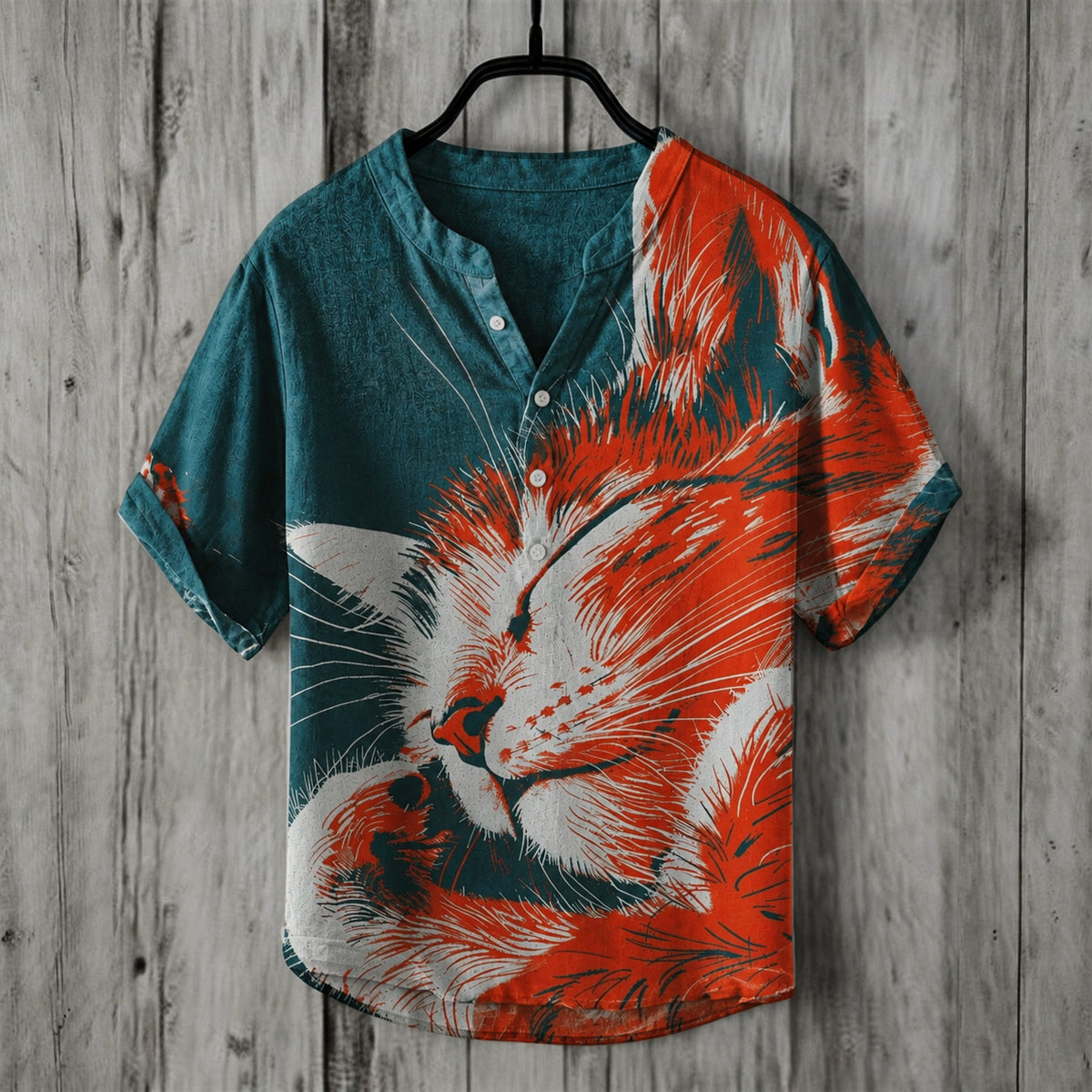 Men's Retro Cat Print Linen Shirt