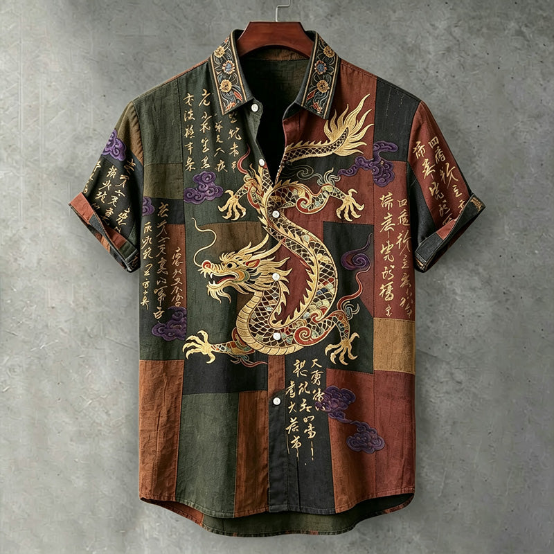 Men's Vintage Japanese Calligraphy Dragon Art Pattern Linen Blend Shirt
