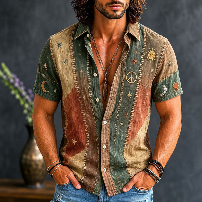 Men's Vintage Patchwork Peace Sign Sun Moon Star Art Print Linen Shirt