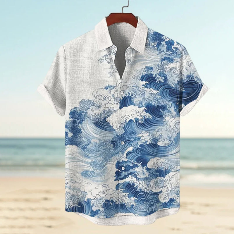 Men's Waves Watercolor Art Print Short Sleeve Shirt