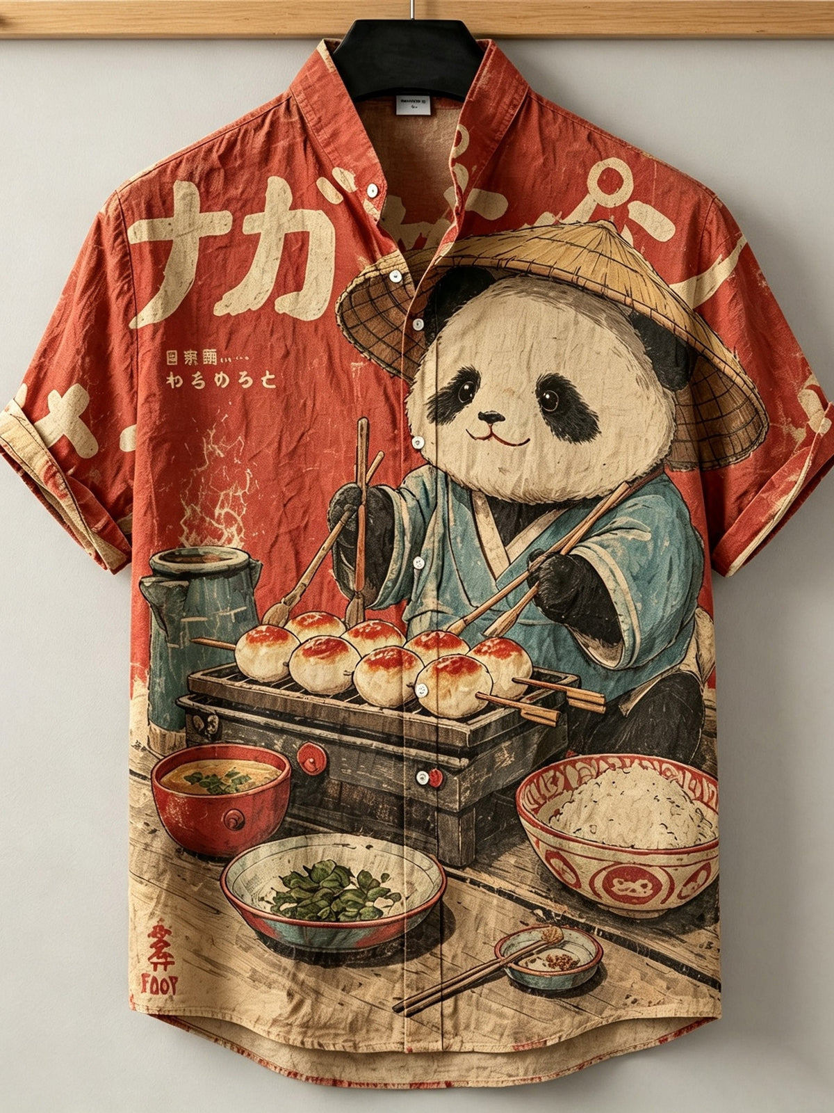 Men's Retro Japanese Art Panda Print Linen Shirt