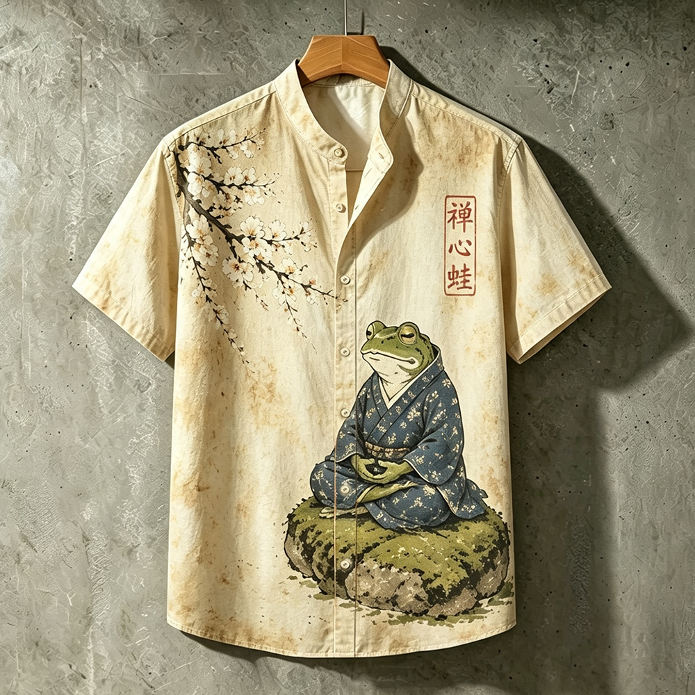 Men's Zen Frog Print Shirt - Meditating Frog & Sakura Short Sleeve Stand Collar Top