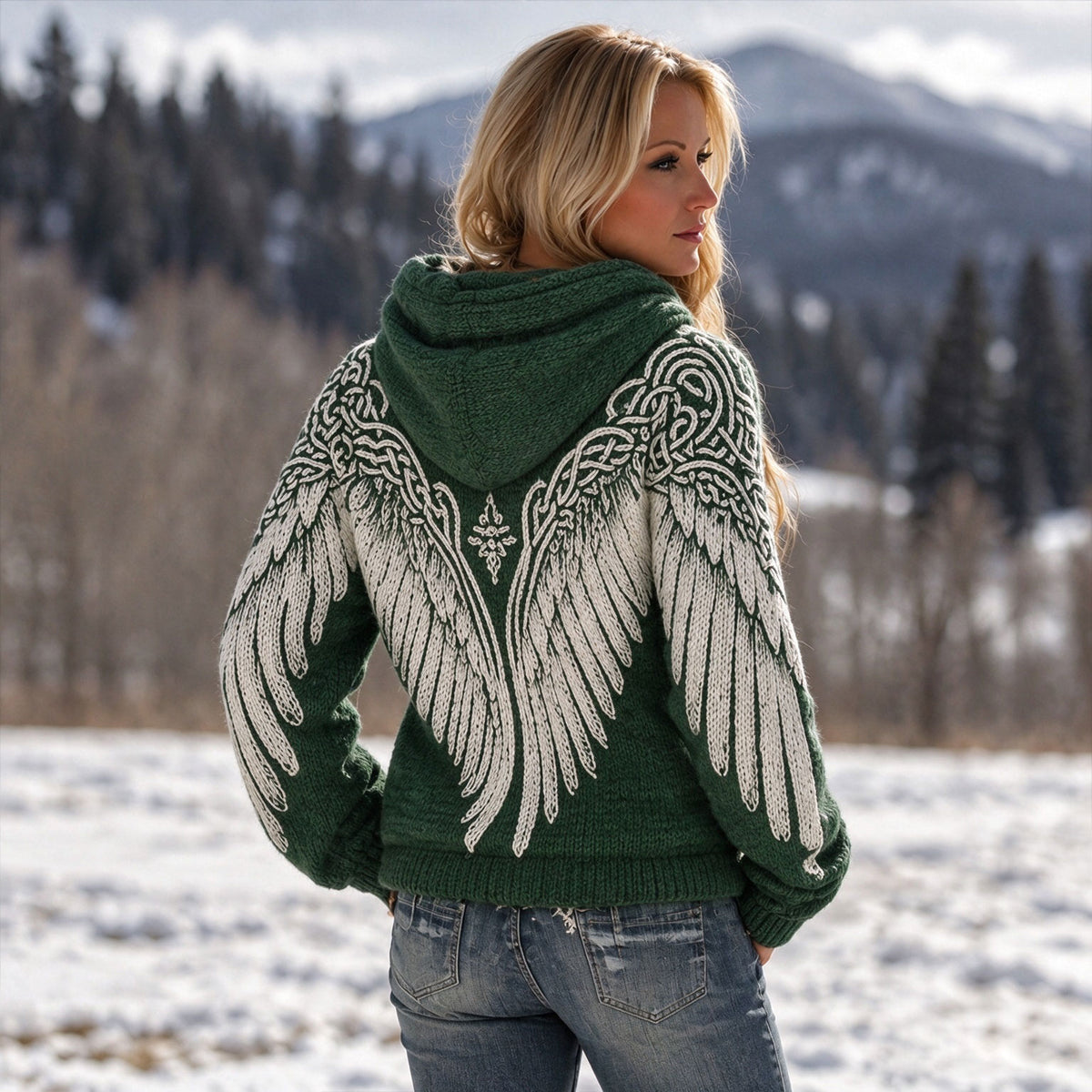 Women's Vintage Viking Wings And Celtic Knot Art Jacquard Hooded Sweater