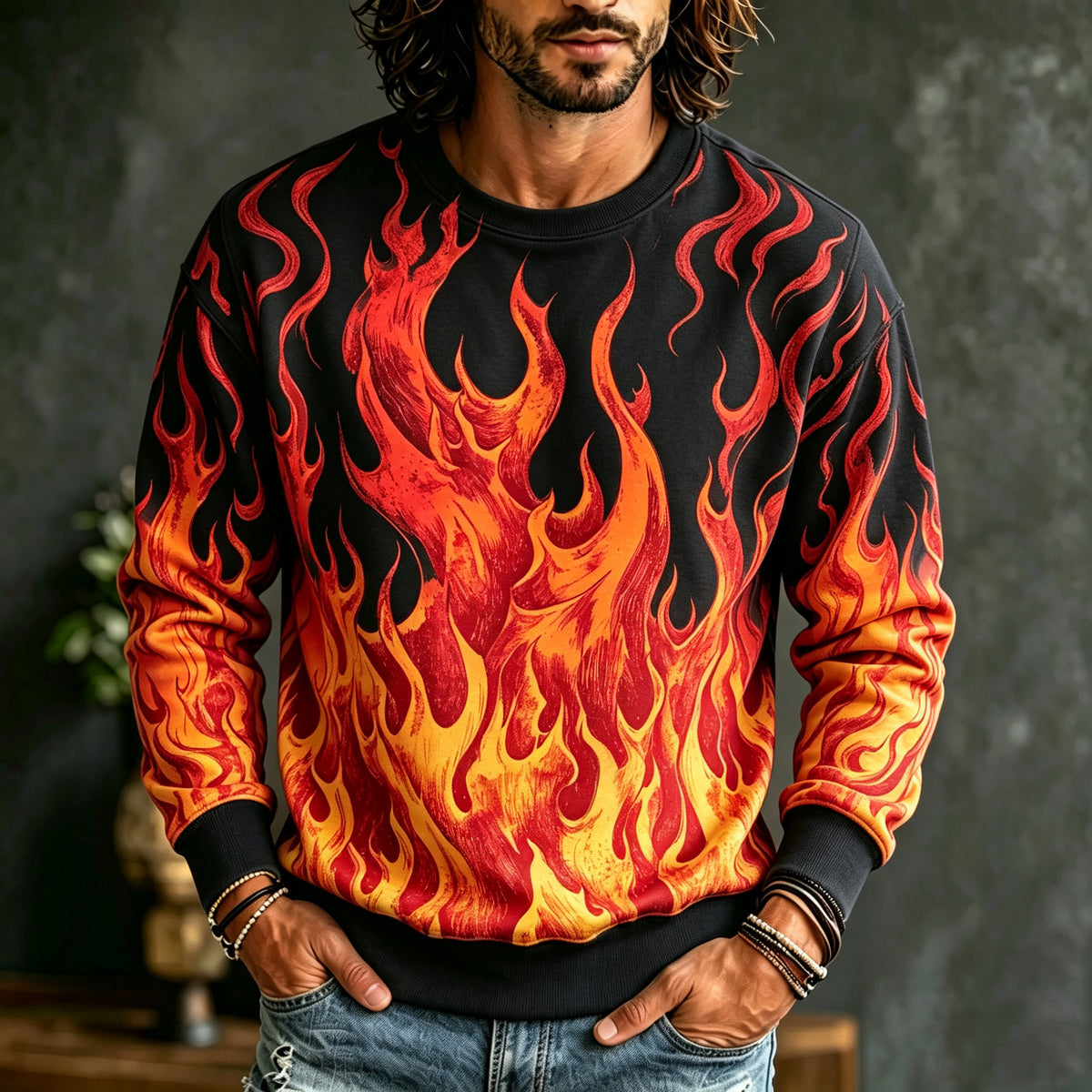 Men's Retro Halloween Flame Print Long-sleeve Sweatshirt