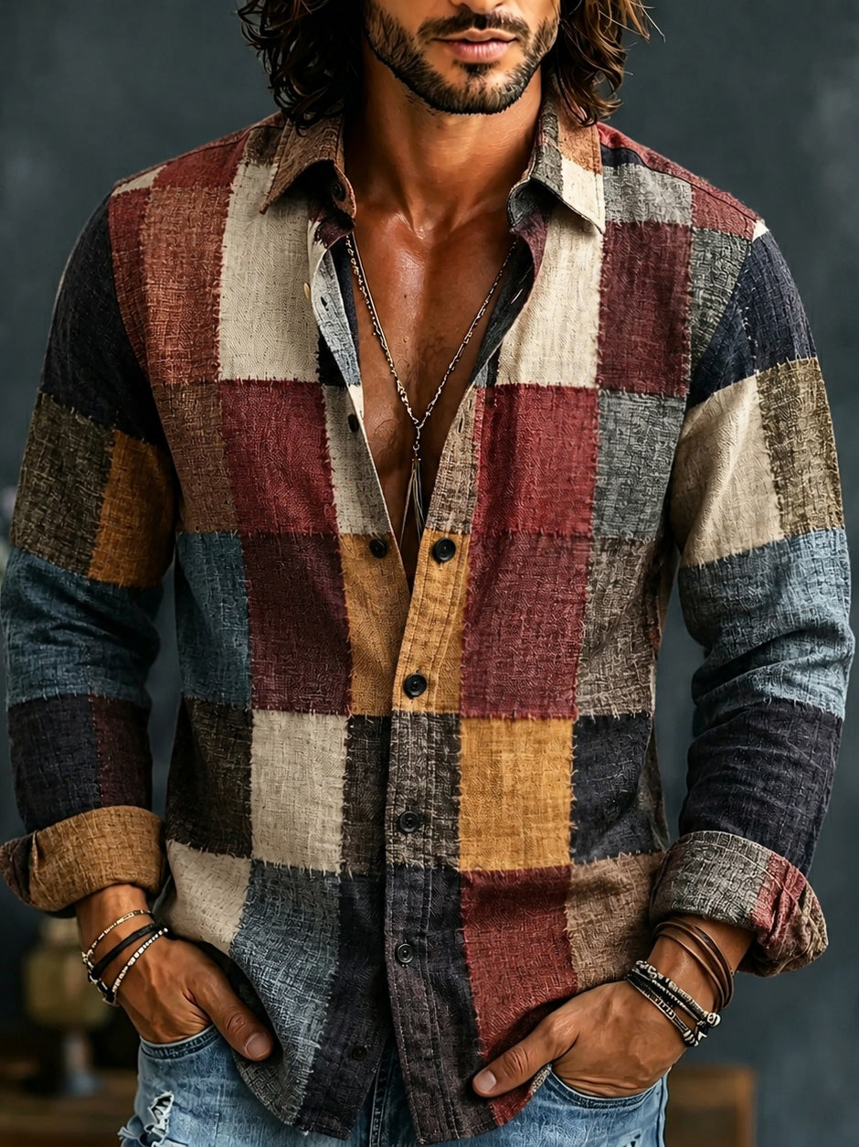 Men's Vintage Check Colorblock Printed Linen Blend Shirt