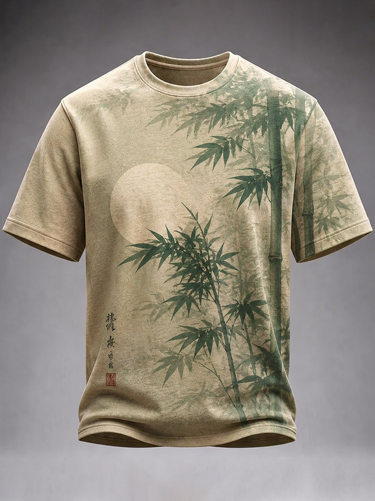 Men's Vintage Japanese Bamboo Art Print Crew Neck Short Sleeve Casual T-shirt