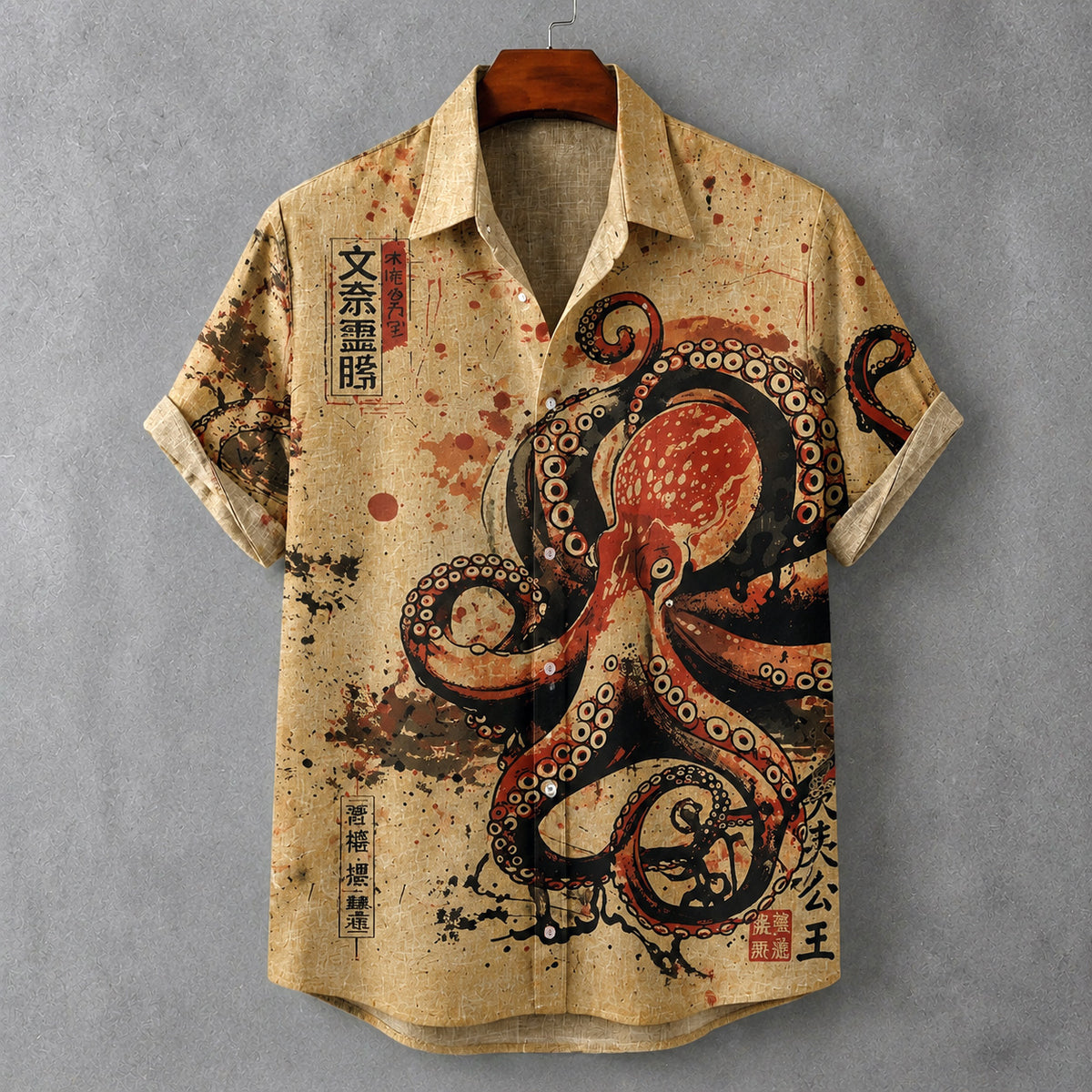 Men's Retro Japanese Art Octopus Print Linen Short-sleeve Shirt