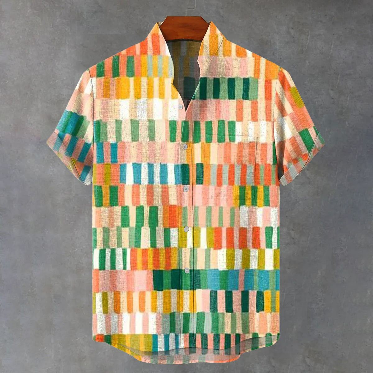 Men's Multi-color Block Print Linen Blend Short-sleeved Shirt