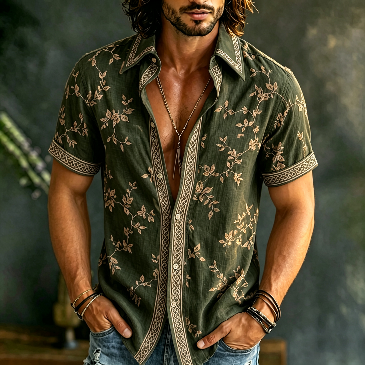 Men's Retro Floral Embroidered Short-sleeve Shirt