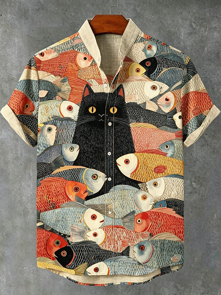 Men's Retro Artistic Cat And Fish Print Linen Short-sleeve Shirt