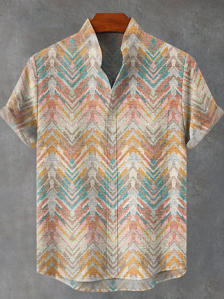 Men's Retro Hippie Rainbow Abstract Geometric Wave Stripes Print Casual And Linen Shirt