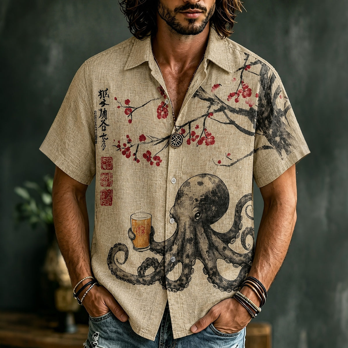 Men's Octopus Drinking Tea Under The Cherry Tree Art Print Shirt
