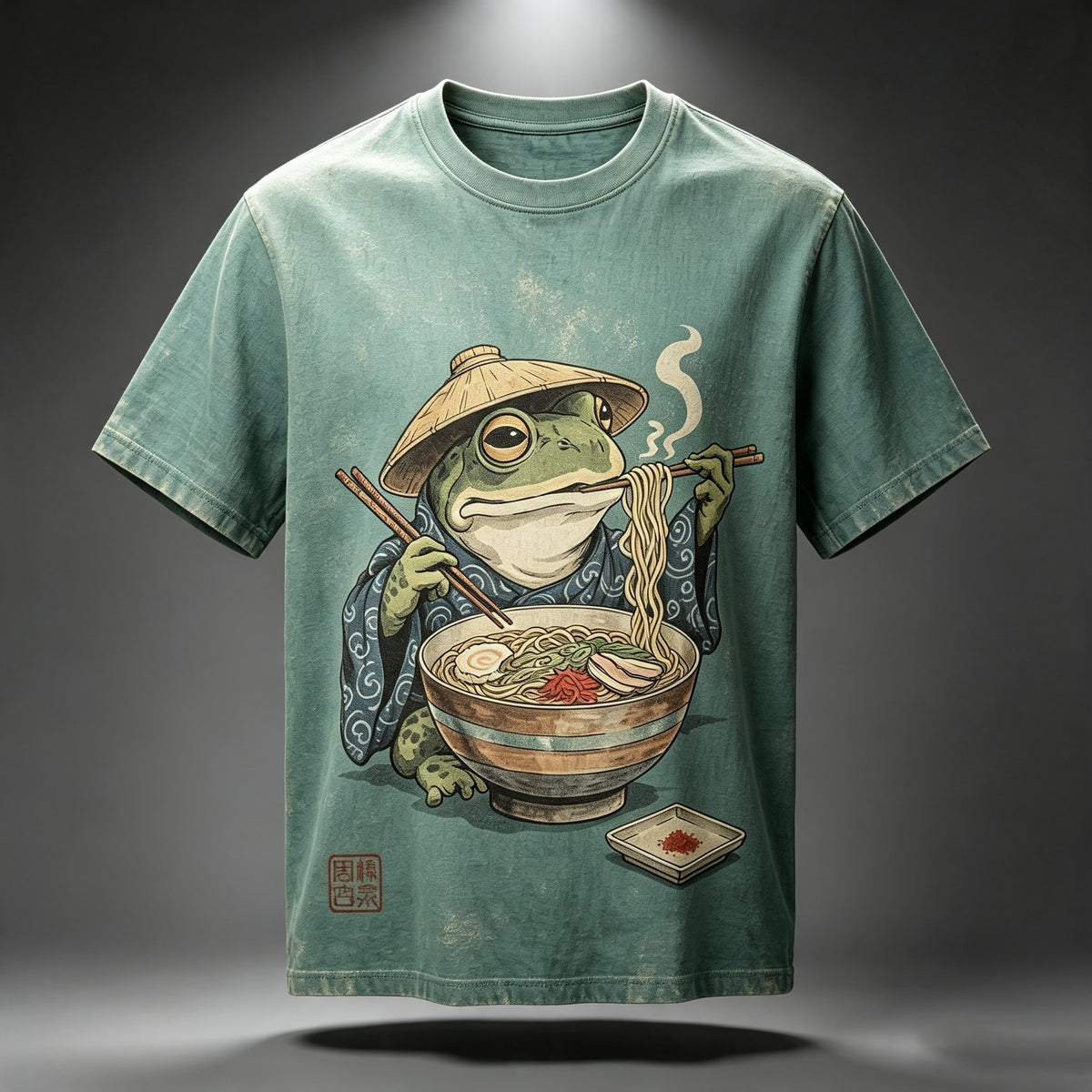 Men's Retro Japanese Zen Frog Feast Eating Ramen Print Crew Neck Short Sleeve T-shirt