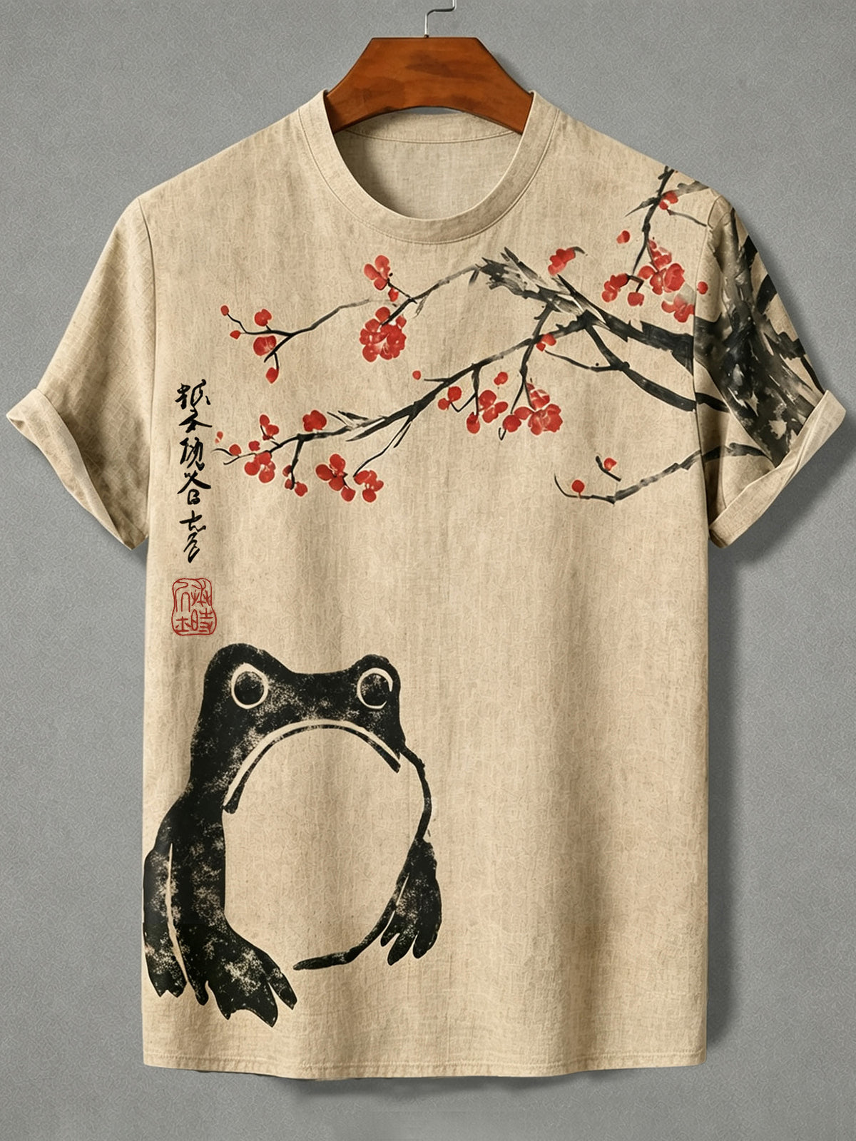 Men's Cute Frog Under Cherry Blossoms Ink Painting Art Print Casual T-shirts