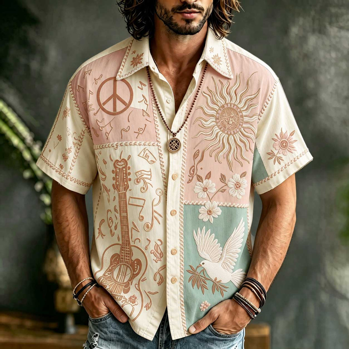 Men's Patchwork Denim Linen Short Sleeve Button Up Shirt, 3d Embroidery Guitar Peace Sign Sun Dove Floral Hippie Boho Vacation Shirt