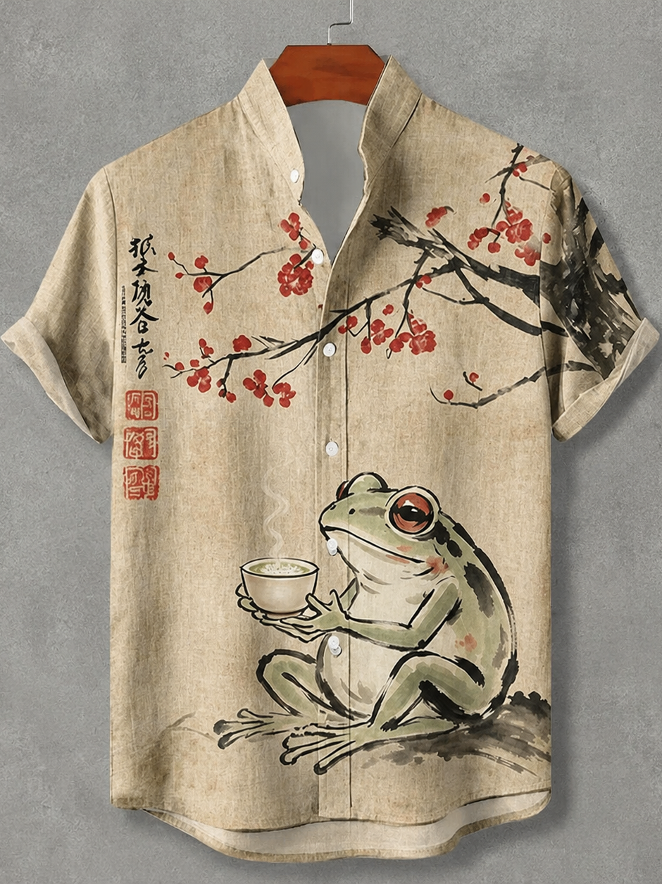 Men's Retro Frog Drinking Tea Under The Cherry Blossoms Pattern Linen Blend Casual Short-sleeve Shirt