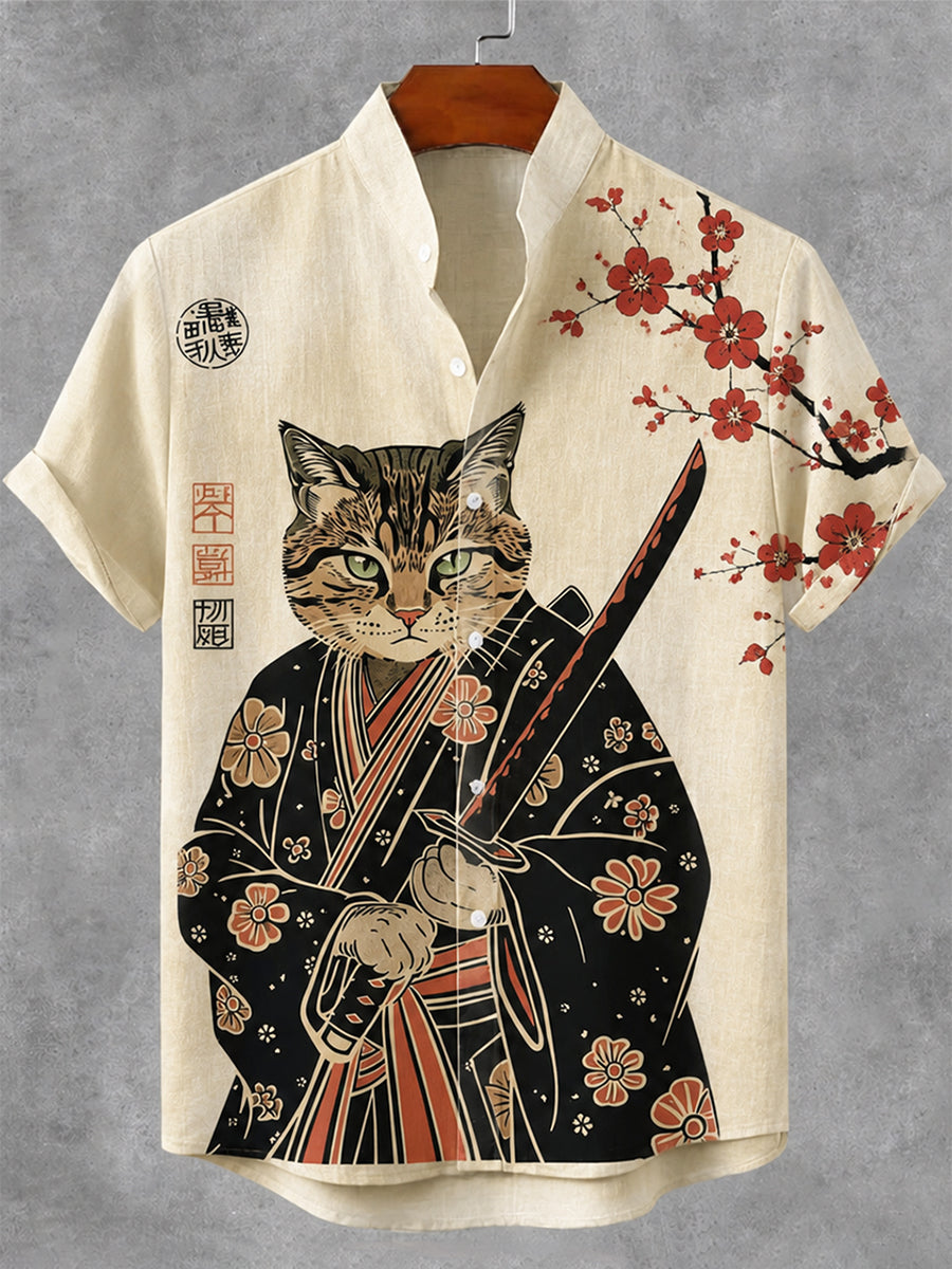 Men's Vintage Japanese Samurai Cat Print Button Casual Linen Shirt