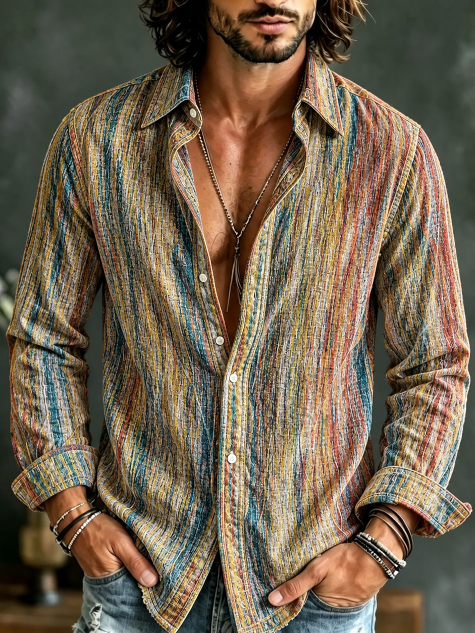 Men's Vintage Colorful Striped Art Print Long Sleeve Shirt