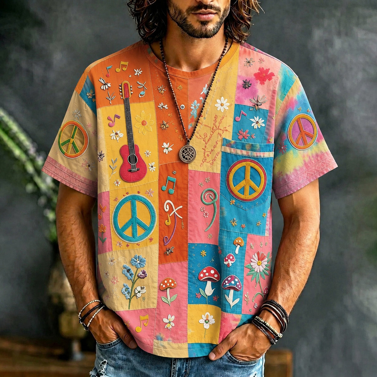 Men's Peace Sign And Guitar Hippie Patchwork Print Casual T-shirt