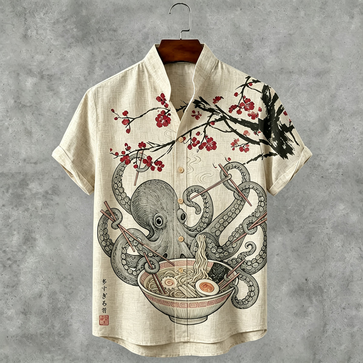 Men's Vintage Japanese Octopus Plum Blossom Art Print Button Casual Linen Shirt
