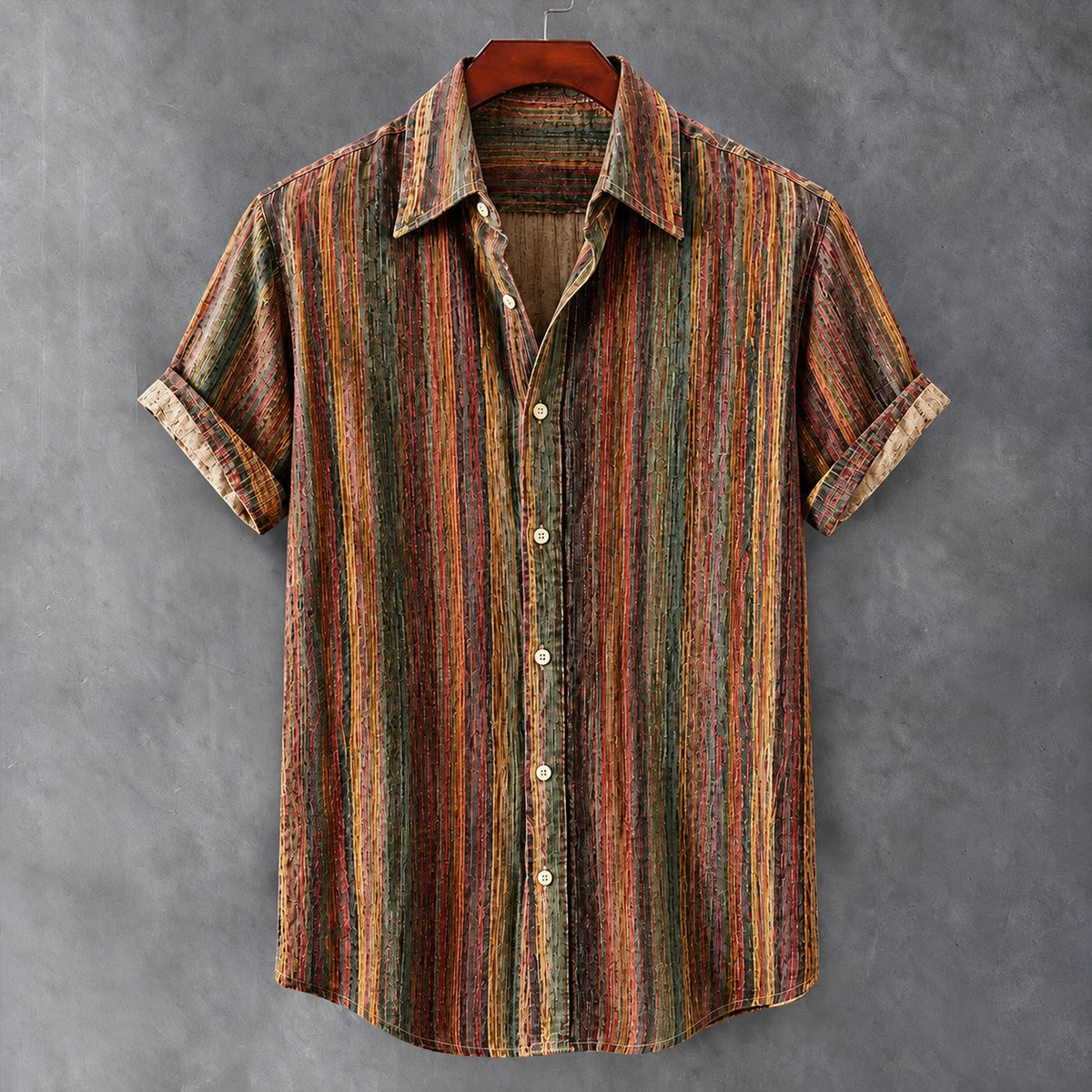 Men's Vintage Colorful Striped Art Print Casual Short Sleeve Shirt