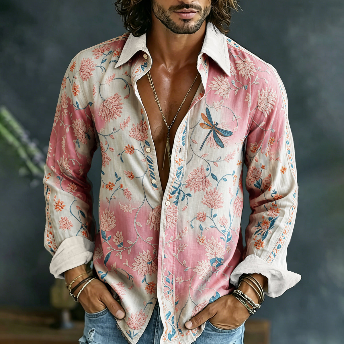 Men's Vintage Floral Art Print Flowy Linen Blend Casual Shirt