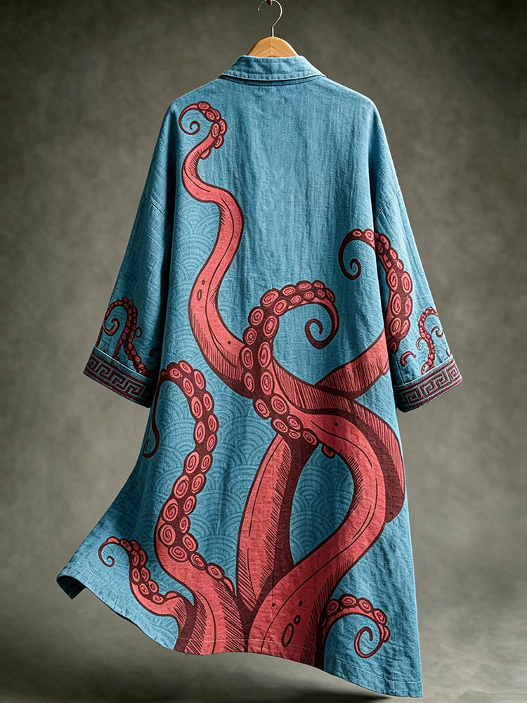 Men's Japanese Octopus Pattern Linen Kimono Cardigan