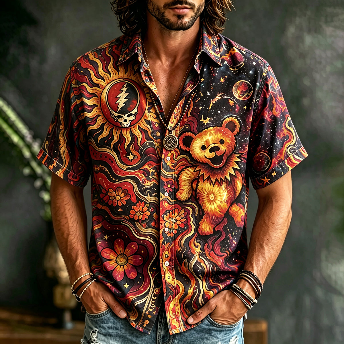 Men's Grateful Dead Dancing Bear Tie Dye Short Sleeve Button Shirt