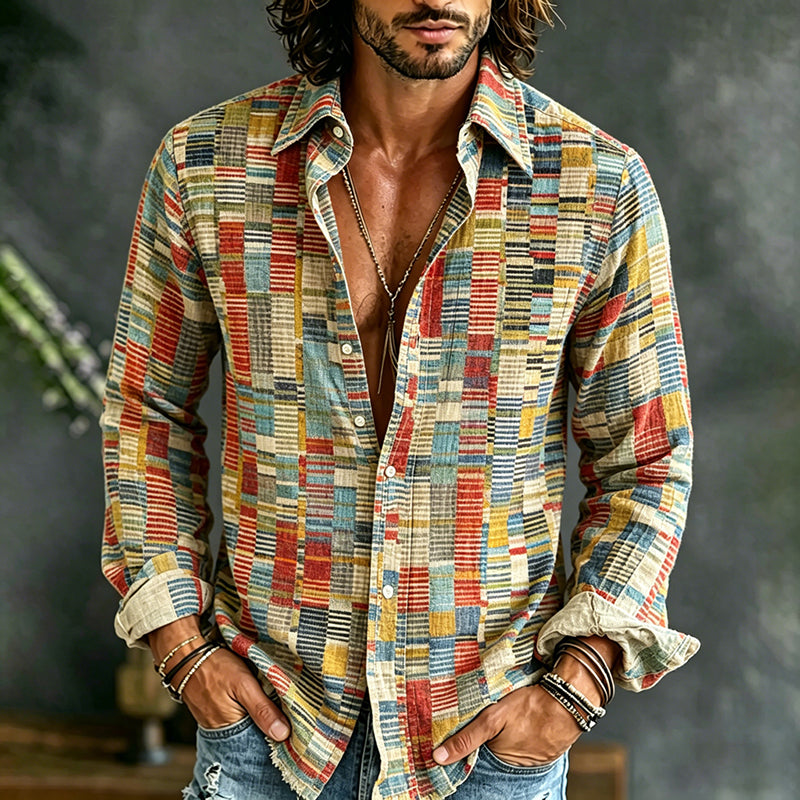 Vintage Abstract Geometric Style Art Print Casual Linen Shirt