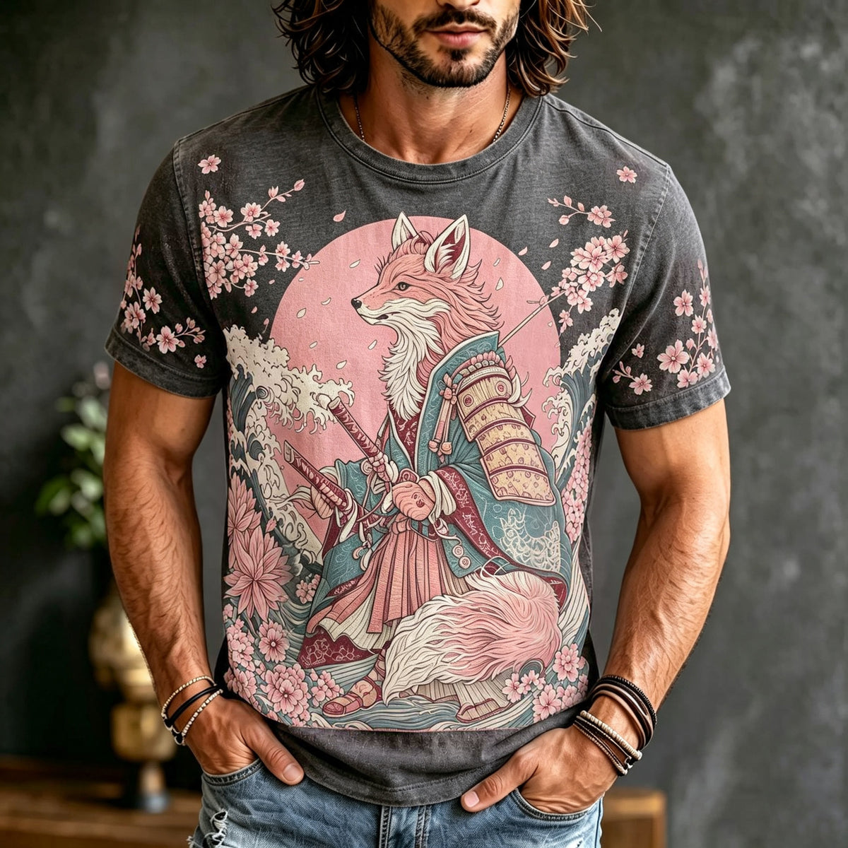Men's Japanese Ukiyo-e Cherry Blossom And Fox Print Linen Comfortable T-shirt