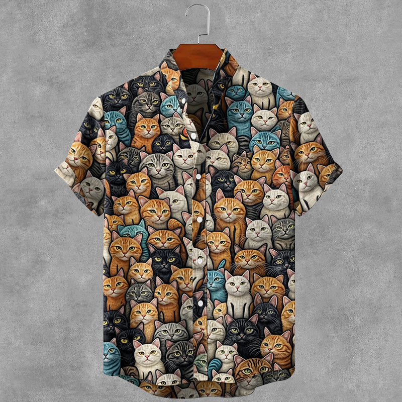 Vintage Cute Cats Art Print Casual Linen Shirt