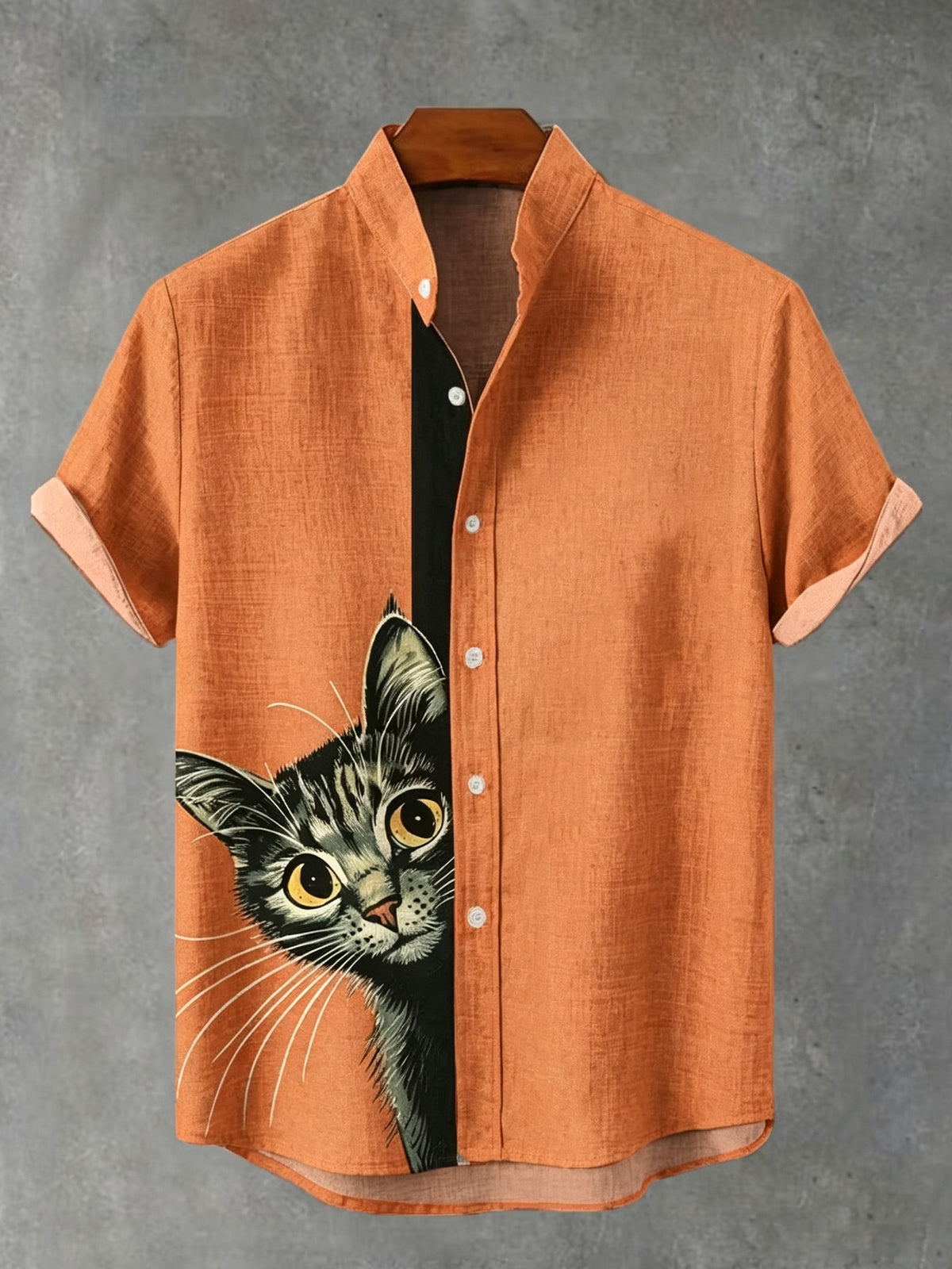 Men's Vintage Orange Cute Curious Kitten Printing Breast Pocket Stand Collar Flowy Linen Blend Casual Shirt