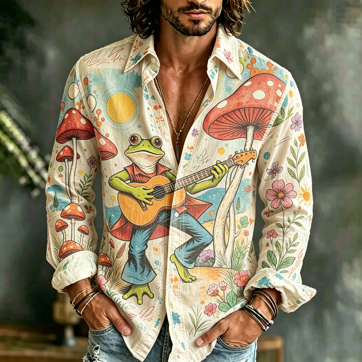 Men's Retro 70s Hippie Frog Guitar Mushroom Floral Psychedelic Print Loose Casual Shirt